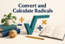 Square root symbol with arithmetic signs and a geometry notebook