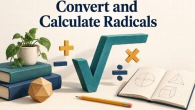 Square root symbol with arithmetic signs and a geometry notebook